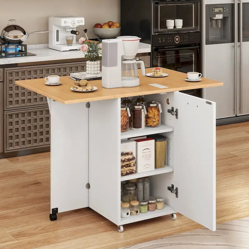 Îlot de cuisine pliable Moasis avec armoire de rangement pour poubelle et prise de courant