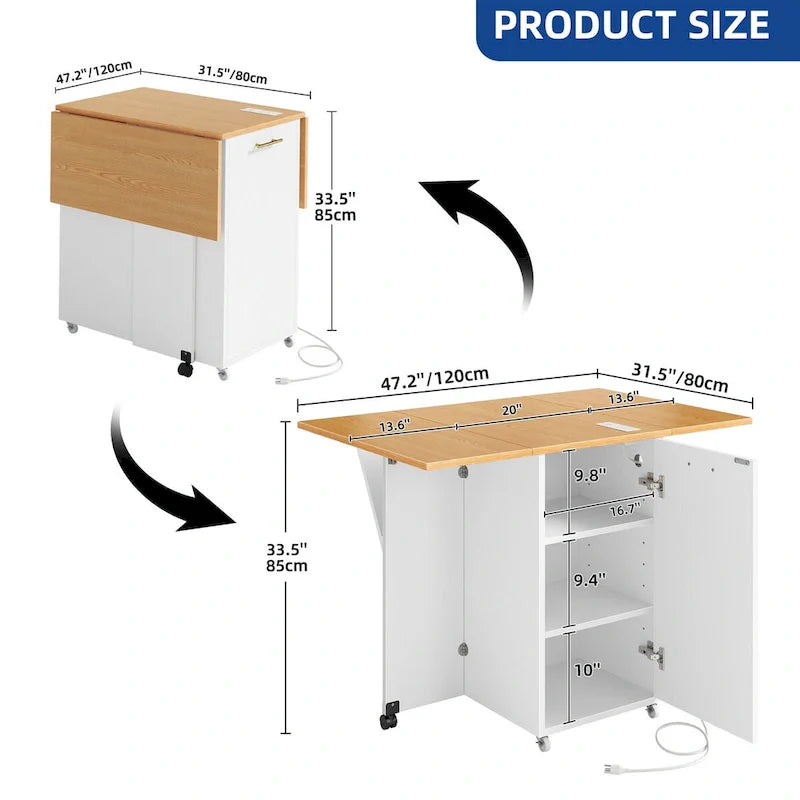Îlot de cuisine pliable Moasis avec armoire de rangement pour poubelle et prise de courant