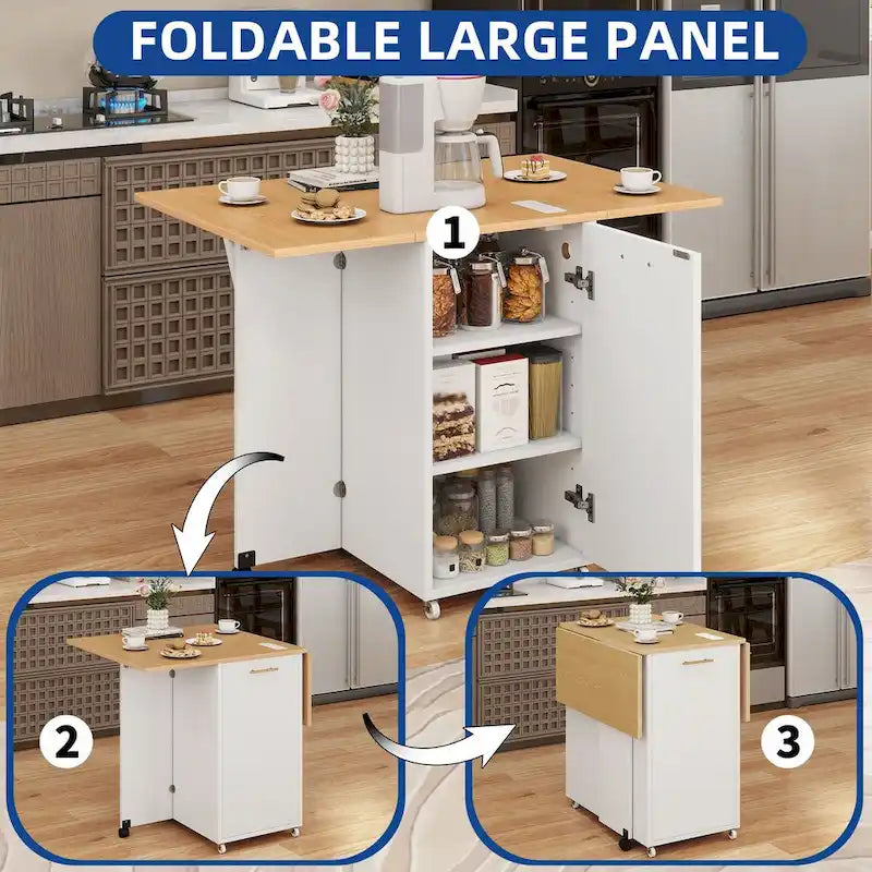 Îlot de cuisine pliable Moasis avec armoire de rangement pour poubelle et prise de courant