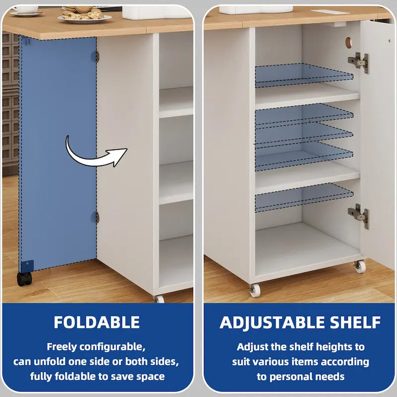 Îlot de cuisine pliable Moasis avec armoire de rangement pour poubelle et prise de courant