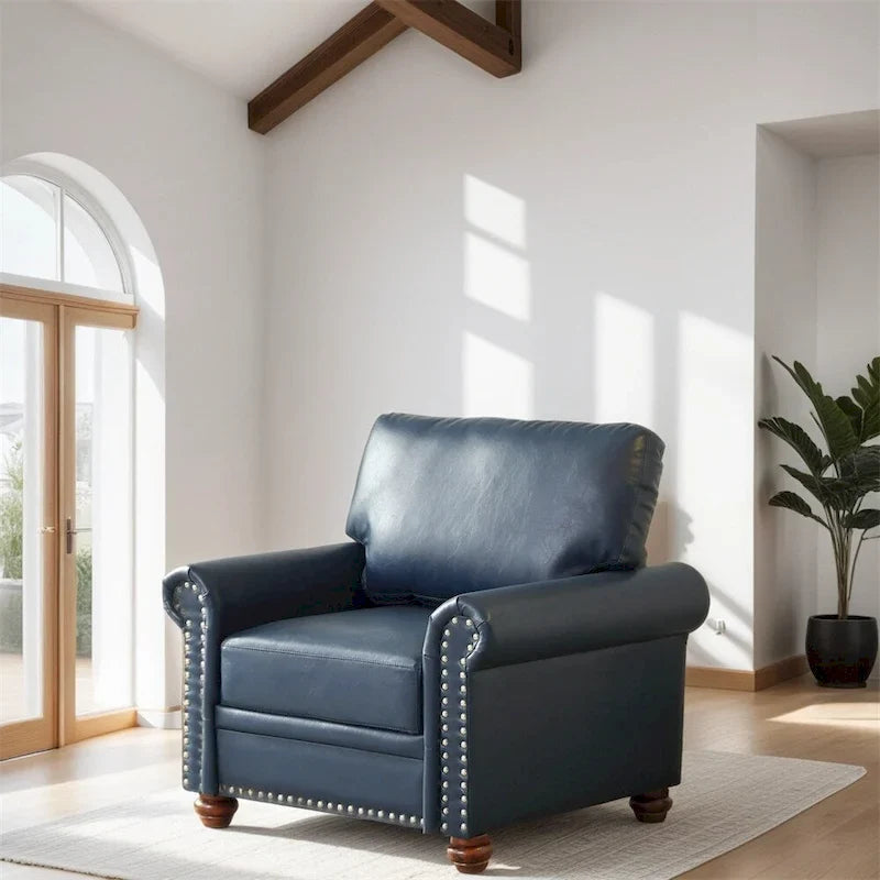 Fauteuil simple en similicuir avec pieds en bois et clous décoratifs