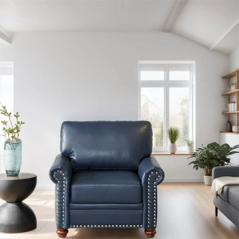 Fauteuil simple en similicuir avec pieds en bois et clous décoratifs