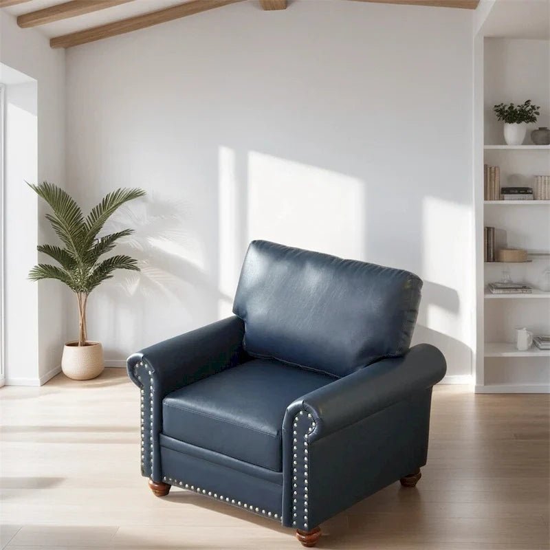 Fauteuil simple en similicuir avec pieds en bois et clous décoratifs