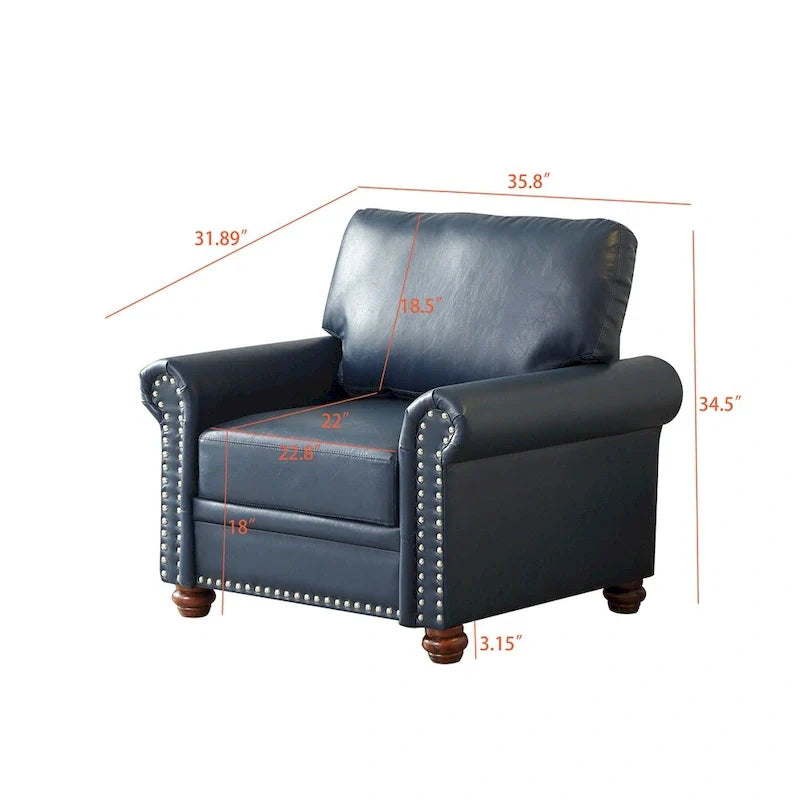 Fauteuil simple en similicuir avec pieds en bois et clous décoratifs