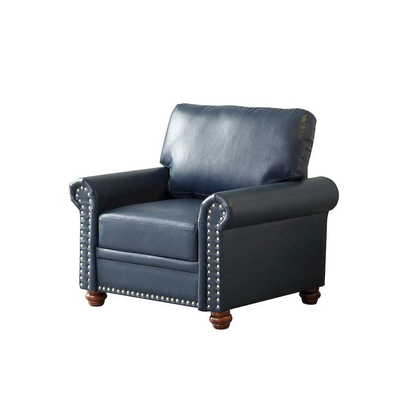 Fauteuil simple en similicuir avec pieds en bois et clous décoratifs