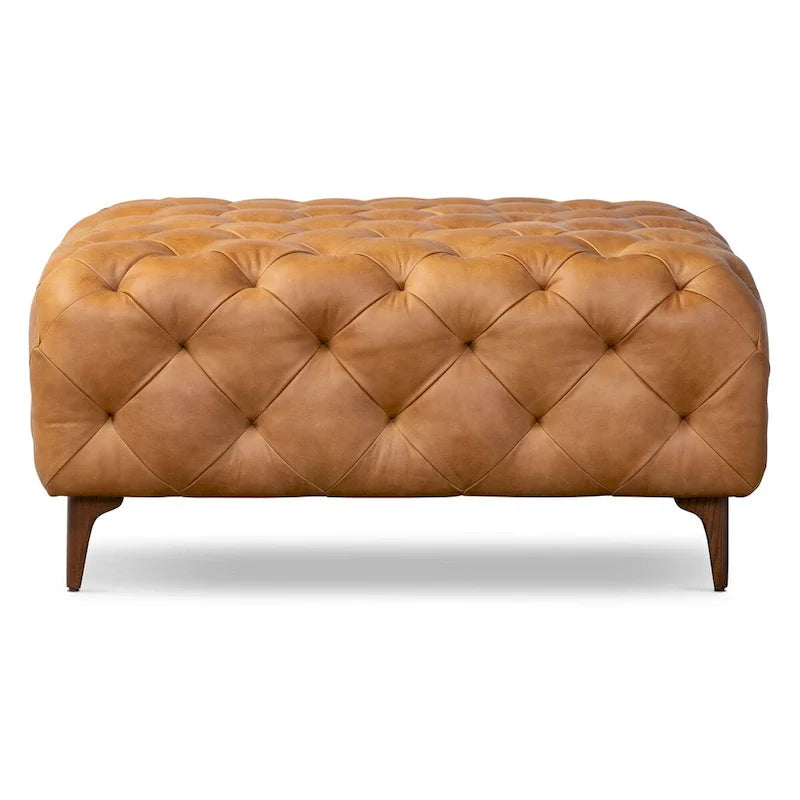 Pouf Turin Poly & Bark en cuir véritable pleine fleur italien Cognac Tan avec pieds en bois