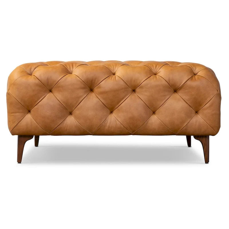 Pouf Turin Poly & Bark en cuir véritable pleine fleur italien Cognac Tan avec pieds en bois