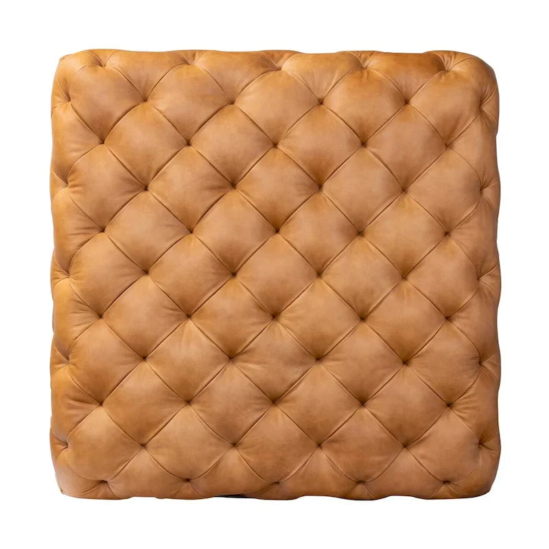 Pouf Turin Poly & Bark en cuir véritable pleine fleur italien Cognac Tan avec pieds en bois