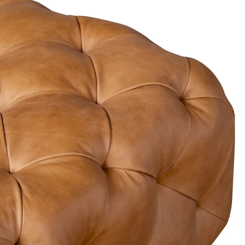 Pouf Turin Poly & Bark en cuir véritable pleine fleur italien Cognac Tan avec pieds en bois