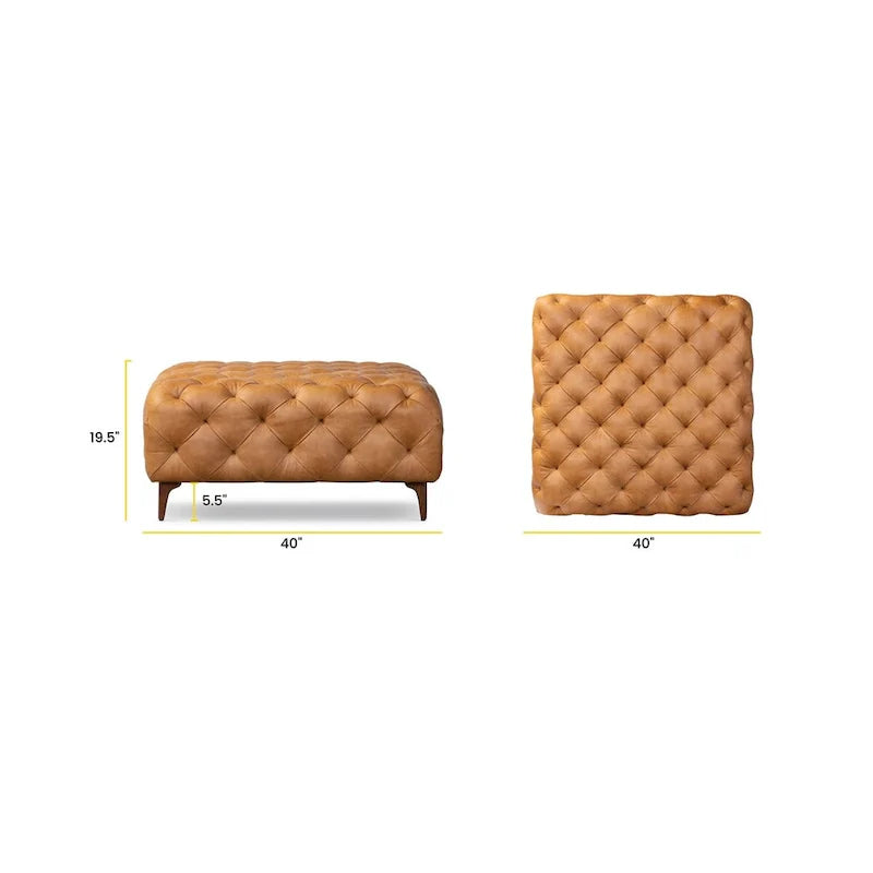 Pouf Turin Poly & Bark en cuir véritable pleine fleur italien Cognac Tan avec pieds en bois