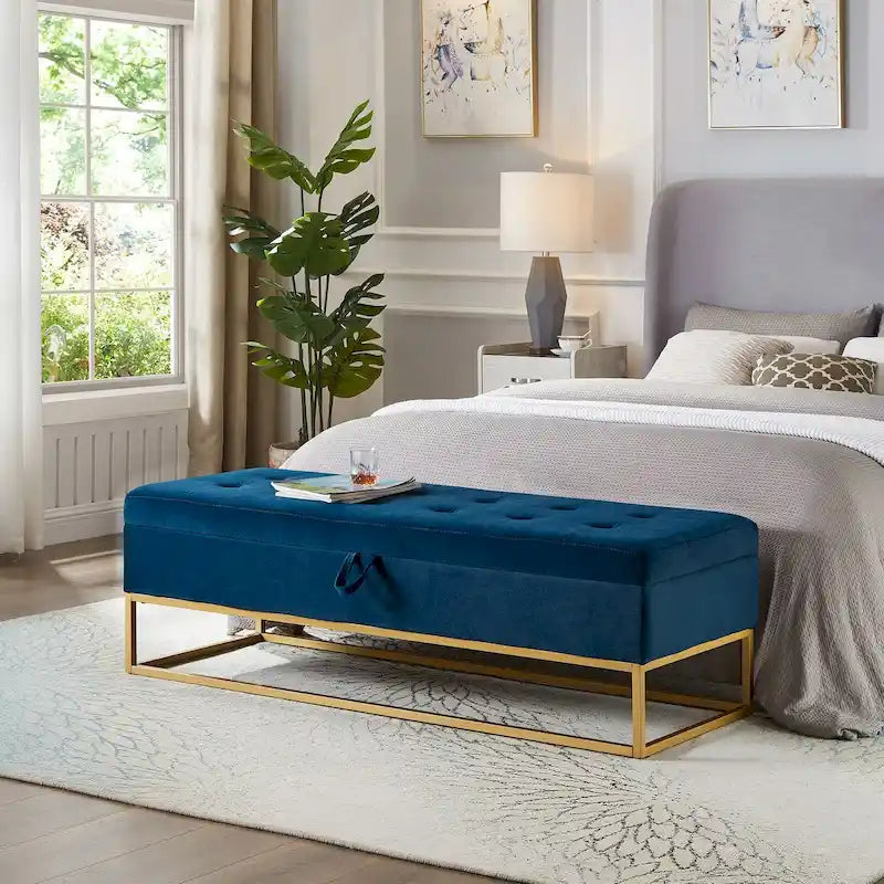 58.6 Banc de bout de lit Piètement Métal avec Rangement Velours Rose