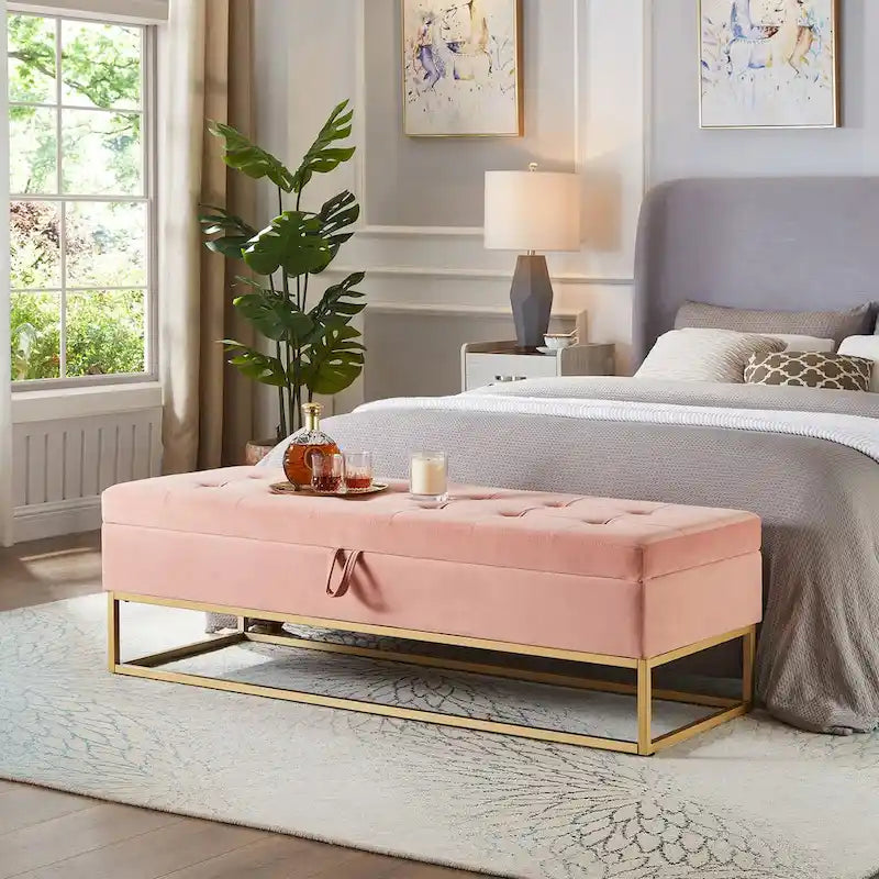 58.6 Banc de bout de lit Piètement Métal avec Rangement Velours Rose