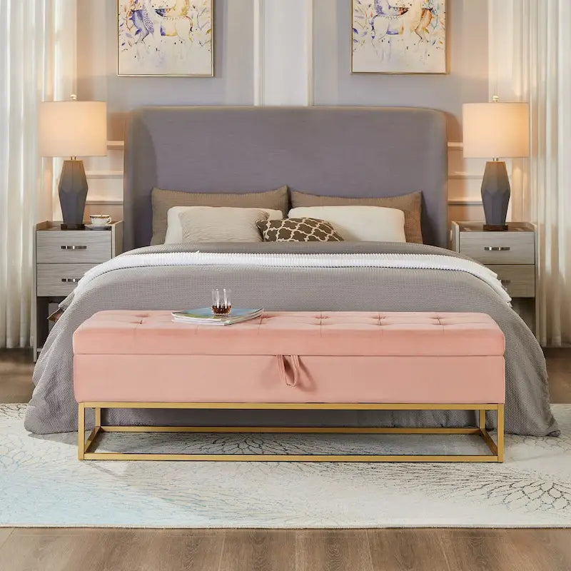 58.6 Banc de bout de lit Piètement Métal avec Rangement Velours Rose