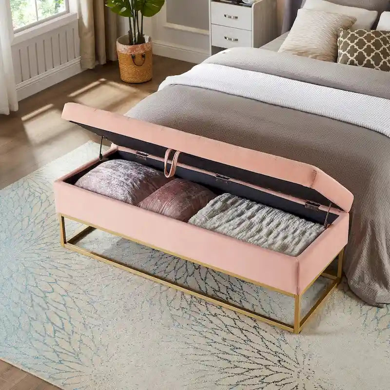 58.6 Banc de bout de lit Piètement Métal avec Rangement Velours Rose