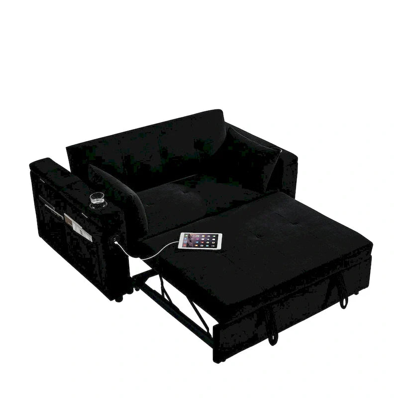 Canapé-lit 2 places avec prise USB, poches latérales et coussin lombaire