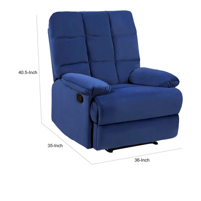 Fauteuil Inclinable Manuel Patty 36 pouces, Coussiné, Velours Bleu, Bois Massif