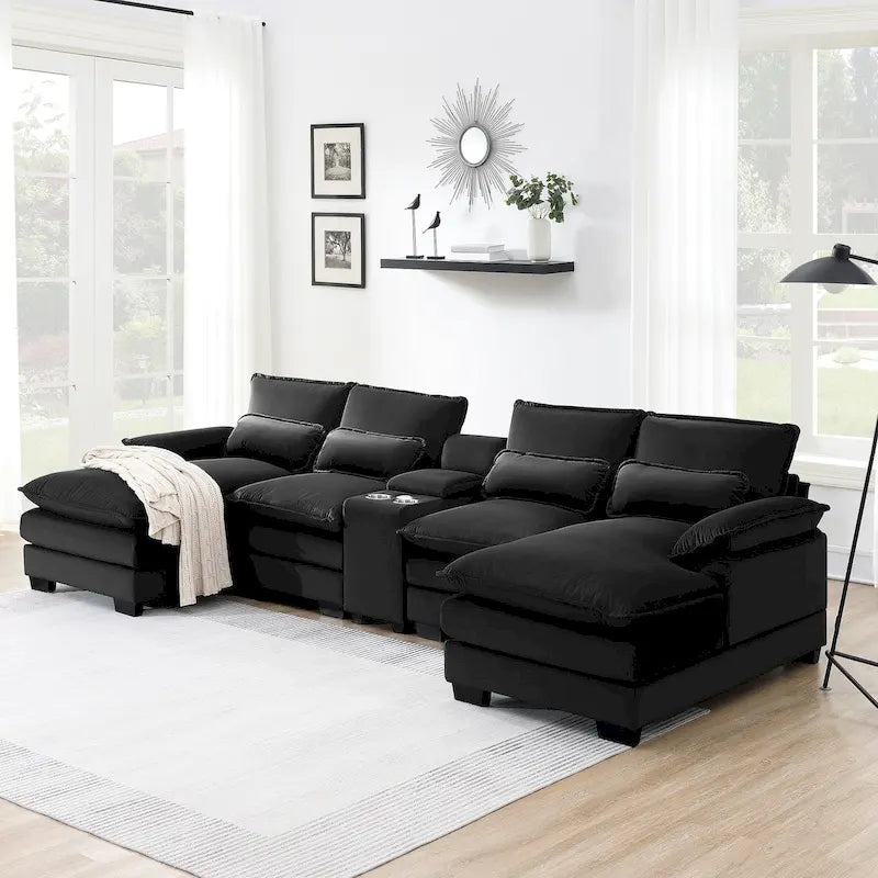 Canapé moderne en forme de U avec console, porte-gobelets et ports USB, meuble d'intérieur symétrique 6 places rembourré, noir