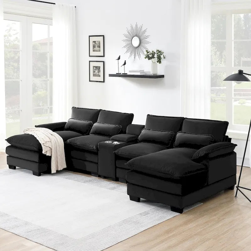 Canapé moderne en forme de U avec console, porte-gobelets et ports USB, meuble d'intérieur symétrique 6 places rembourré, noir