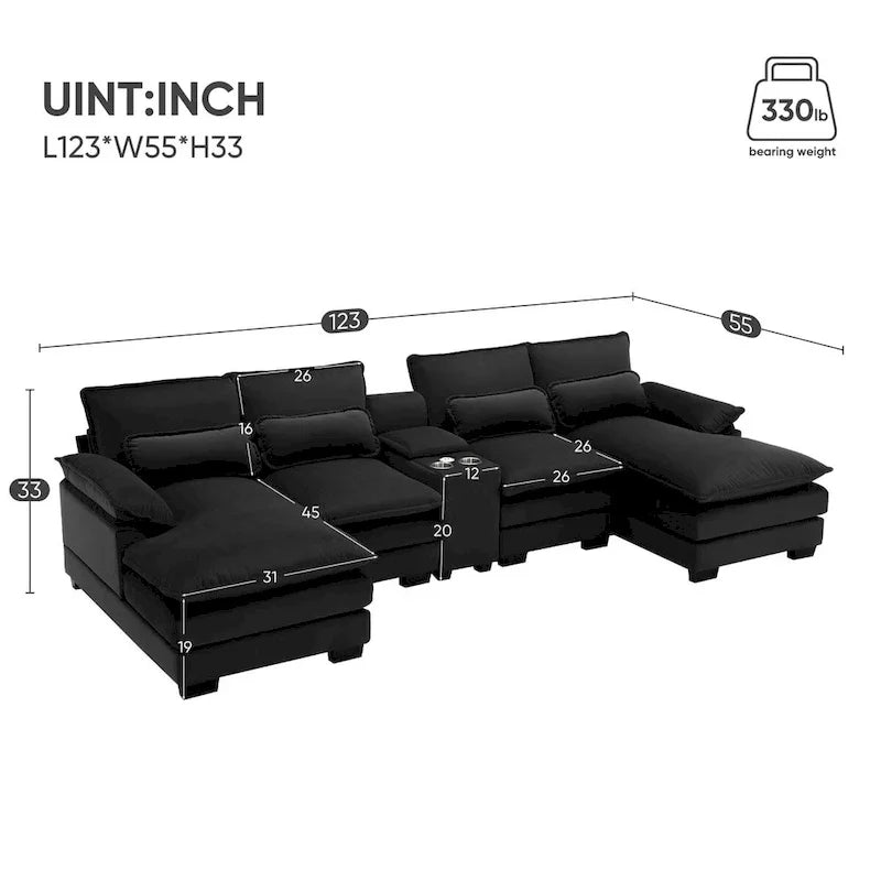 Canapé moderne en forme de U avec console, porte-gobelets et ports USB, meuble d'intérieur symétrique 6 places rembourré, noir
