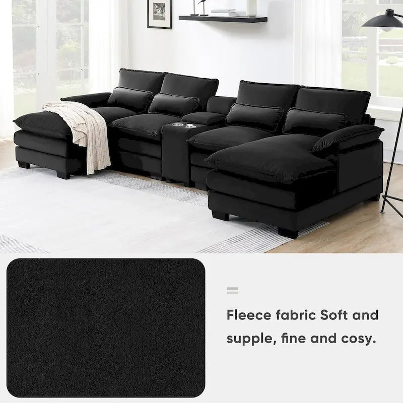 Canapé moderne en forme de U avec console, porte-gobelets et ports USB, meuble d'intérieur symétrique 6 places rembourré, noir