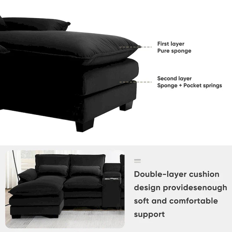 Canapé moderne en forme de U avec console, porte-gobelets et ports USB, meuble d'intérieur symétrique 6 places rembourré, noir