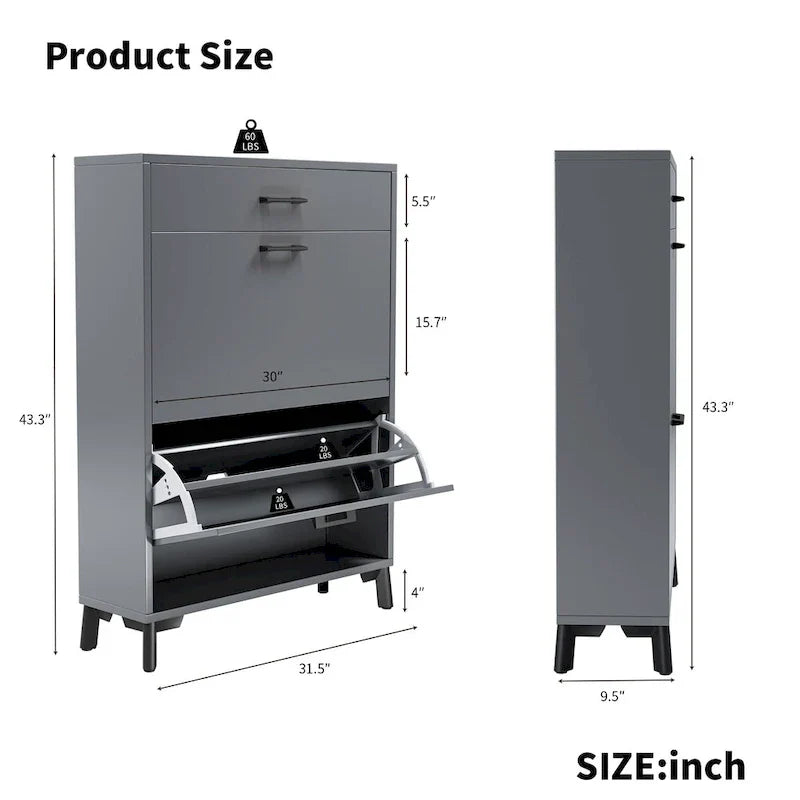 Meuble à chaussures pour entrée, organiseur autoportant avec 2 tiroirs basculants, rangement à chaussures caché pour couloir/penderie