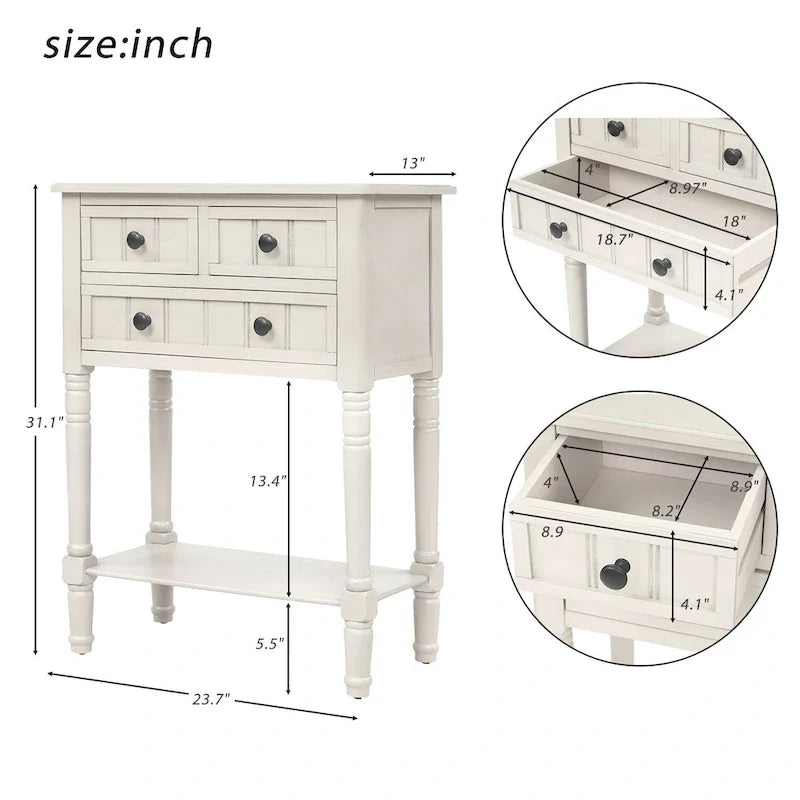 Console étroite Table de canapé mince avec 3 tiroirs et étagère inférieure