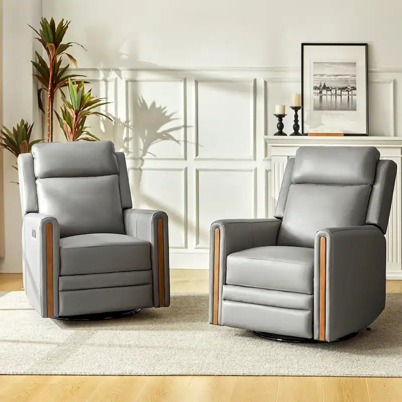 Lot de 2 Fauteuils Inclinables Pivotants à Bascule Électriques Modernes Jaime en Cuir Véritable avec Appui-Tête et Repose-Pieds Réglables par HULALA HOME