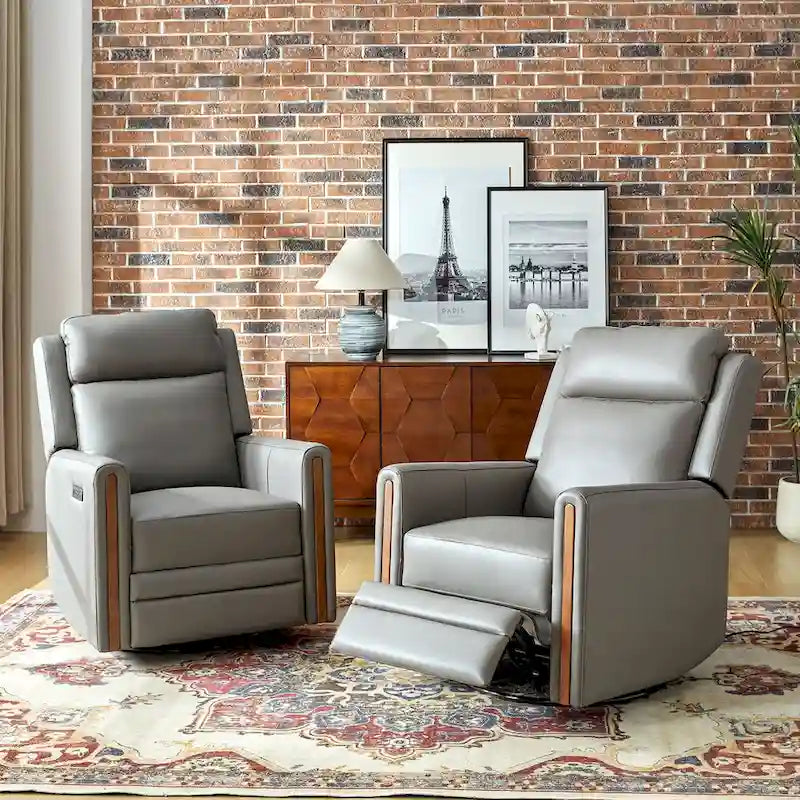 Lot de 2 Fauteuils Inclinables Pivotants à Bascule Électriques Modernes Jaime en Cuir Véritable avec Appui-Tête et Repose-Pieds Réglables par HULALA HOME