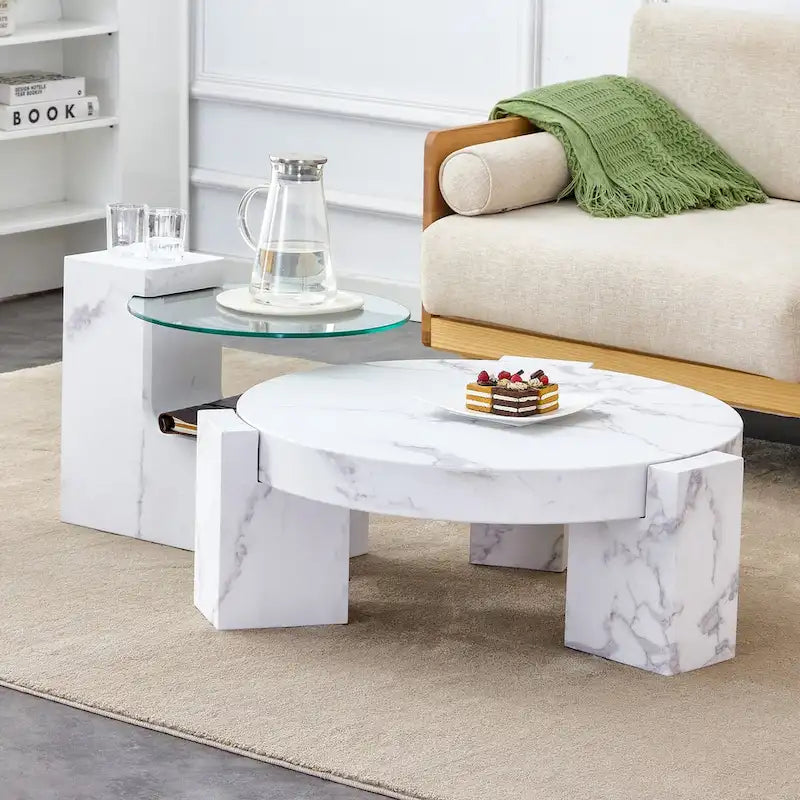 Table basse en MDF texture marbre avec table d'appoint. S'harmonise avec de multiples scènes. Convient pour le salon et la chambre à coucher.