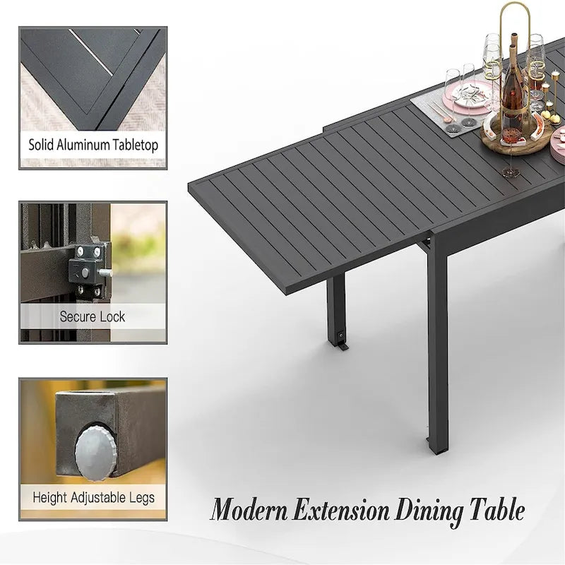 Table à manger extensible de patio 90 po, table d'extérieur en aluminium métallique pour 4 à 8 personnes, table rectangulaire pour bistrot de jardin