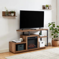 Meuble TV en bois classique, console multimédia pour TV jusqu'à 55 avec cheminée électrique