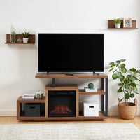 Meuble TV en bois classique, console multimédia pour TV jusqu'à 55 avec cheminée électrique