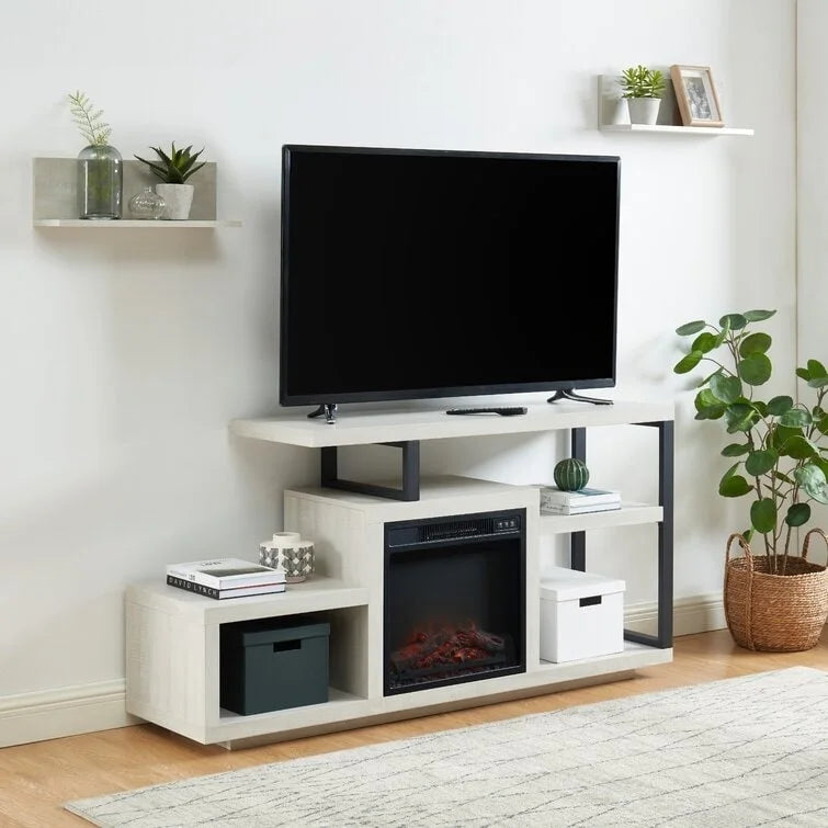 Meuble TV en bois classique, console multimédia pour TV jusqu'à 55 avec cheminée électrique