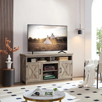 Meuble TV/Console multimédia de style campagnard avec porte de grange, pour téléviseurs jusqu'à 65 pouces, avec espaces de rangement ouverts et fermés
