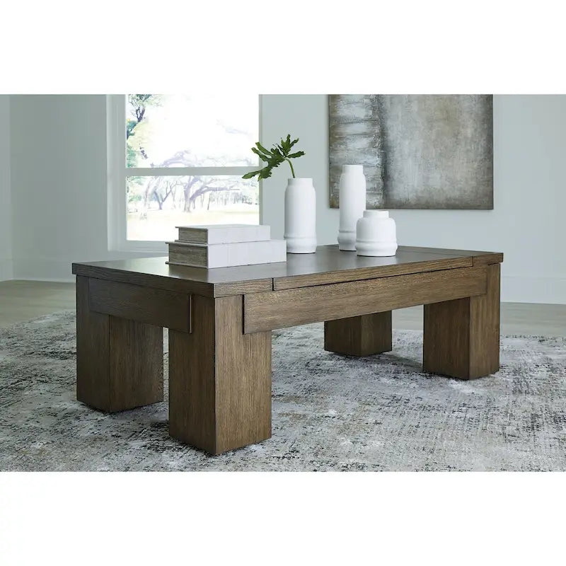 Table basse à plateau relevable Signature Design by Ashley Rosswain Brown - 54 larg. x 28 prof. x 18 haut.