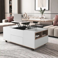 Table basse moderne à plateau relevable en noyer et blanc, table multifonctionnelle avec tiroirs et étagères