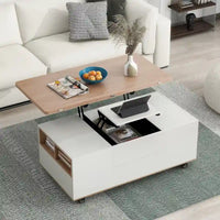 Table basse moderne à plateau relevable en noyer et blanc, table multifonctionnelle avec tiroirs et étagères