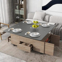 Table basse moderne à plateau relevable en noyer et blanc, table multifonctionnelle avec tiroirs et étagères