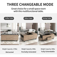 Table basse moderne à plateau relevable en noyer et blanc, table multifonctionnelle avec tiroirs et étagères