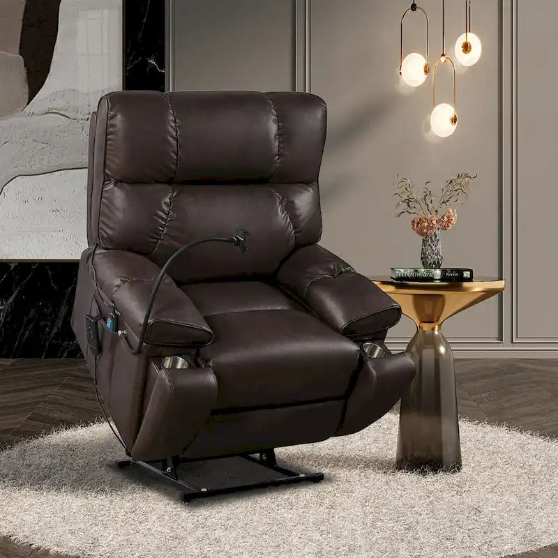 Fauteuil Inclinable avec Support Téléphone, Élévateur Électrique avec 2 Moteurs Massage et Chaleur pour Personnes Âgées, 2 Poches Latérales, Porte-Gobelets
