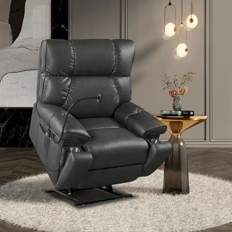 Fauteuil Inclinable avec Support Téléphone, Élévateur Électrique avec 2 Moteurs Massage et Chaleur pour Personnes Âgées, 2 Poches Latérales, Porte-Gobelets