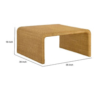 Table basse carrée en rotin de 36 pouces, bords en cascade, brun naturel texturé