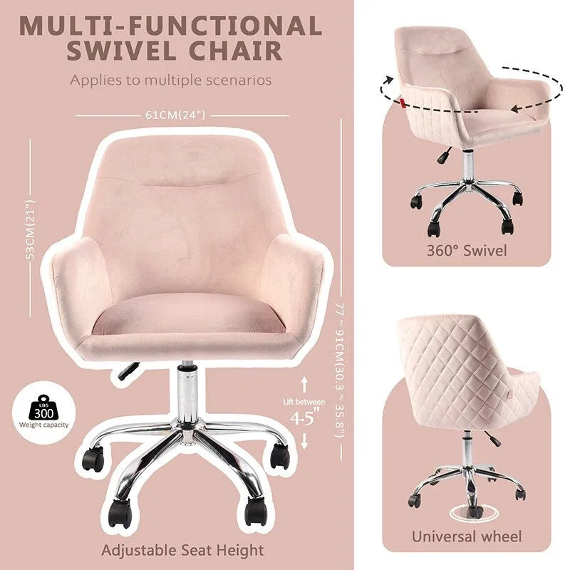 VANITII Fauteuil d'appoint Chaise de bureau pivotante avec roulettes Moderne Réglable en hauteur Rose/Gris/Blanc