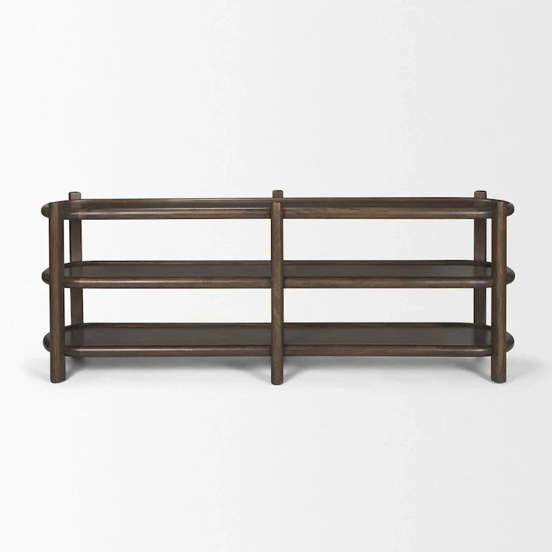 Table console ovale Romi en bois brun foncé avec 3 étagères