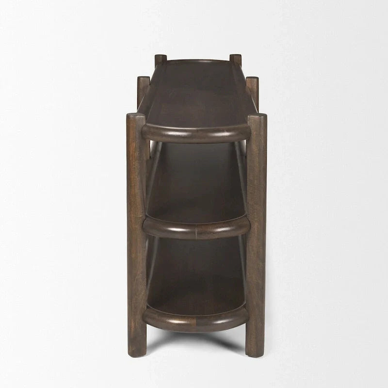 Table console ovale Romi en bois brun foncé avec 3 étagères