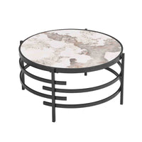 Table basse moderne avec plateau en pierre frittée et cadre métallique robuste