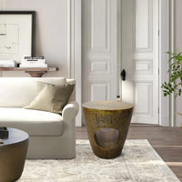 Table d'appoint Nala 17 pouces, forme de tambour conique avec centre creux unique, aluminium laiton antique