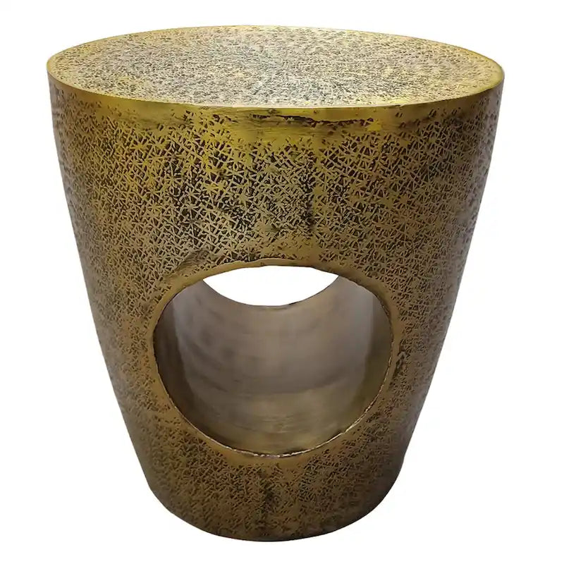 Table d'appoint Nala 17 pouces, forme de tambour effilée à centre creux unique, aluminium laiton antique