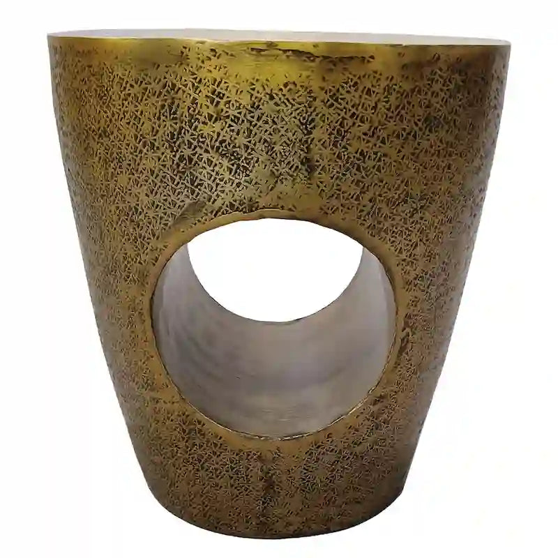 Table d'appoint Nala 17 pouces, forme de tambour effilée à centre creux unique, aluminium laiton antique